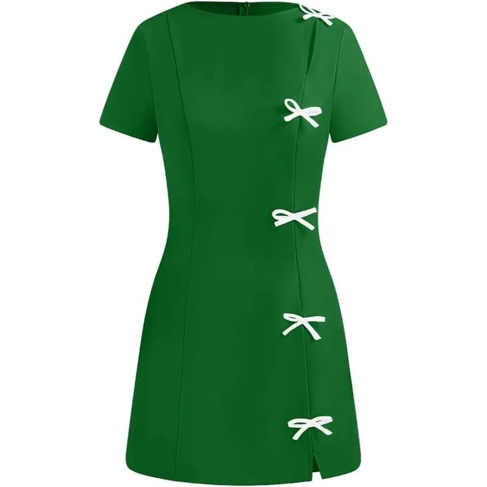 Women Black Short Sleeve Mini Dress with White Bow Details Elegant Party Outfit - Picture 8 of 8
